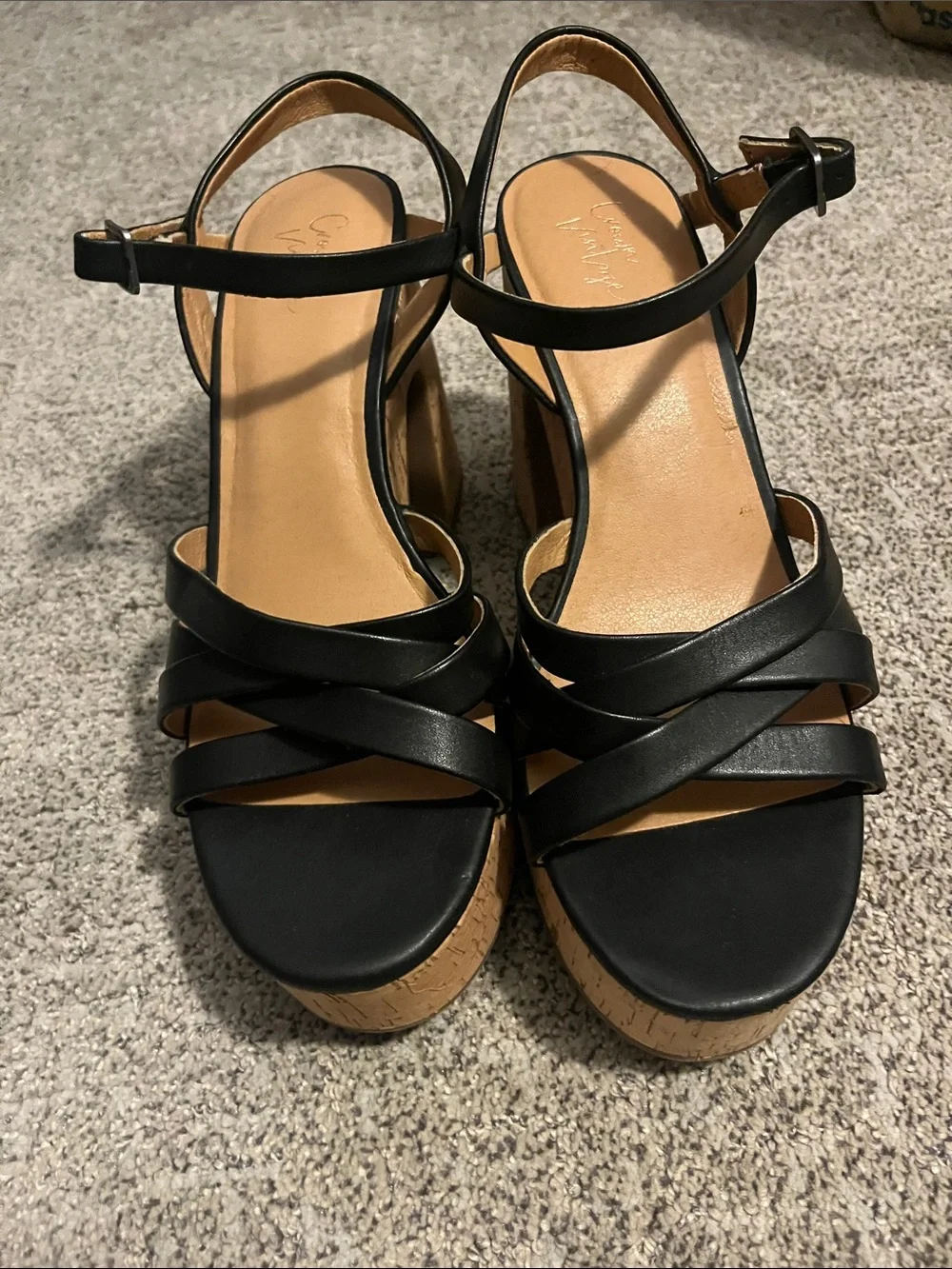 Crown Vintage Black Leather Cork Platform Wedge Strappy Sandals